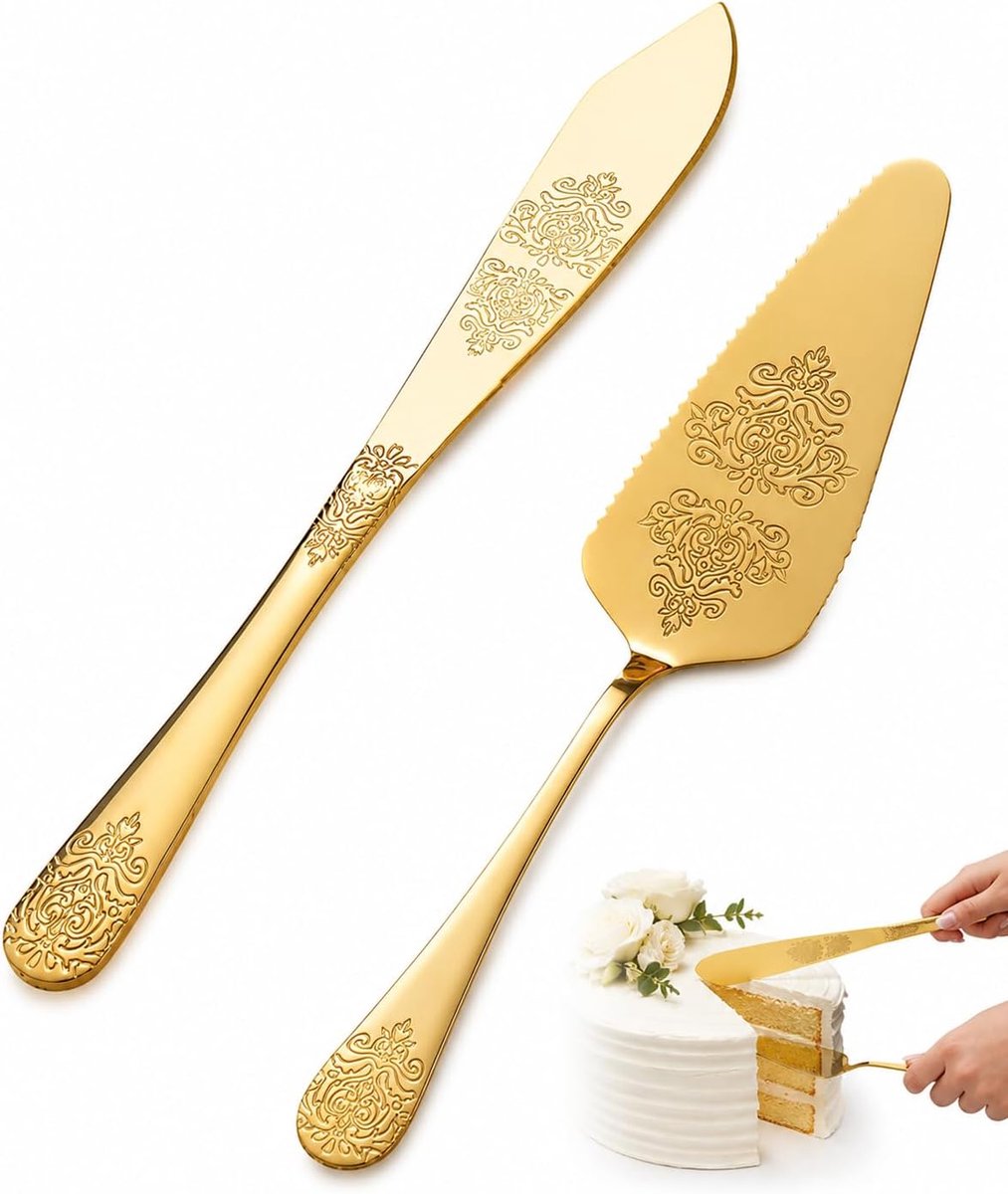 Taartschep en taartmesset - 2 stuks roestvrij staal - gouden accenten - elegant serveren op bruiloften - ShopVlot