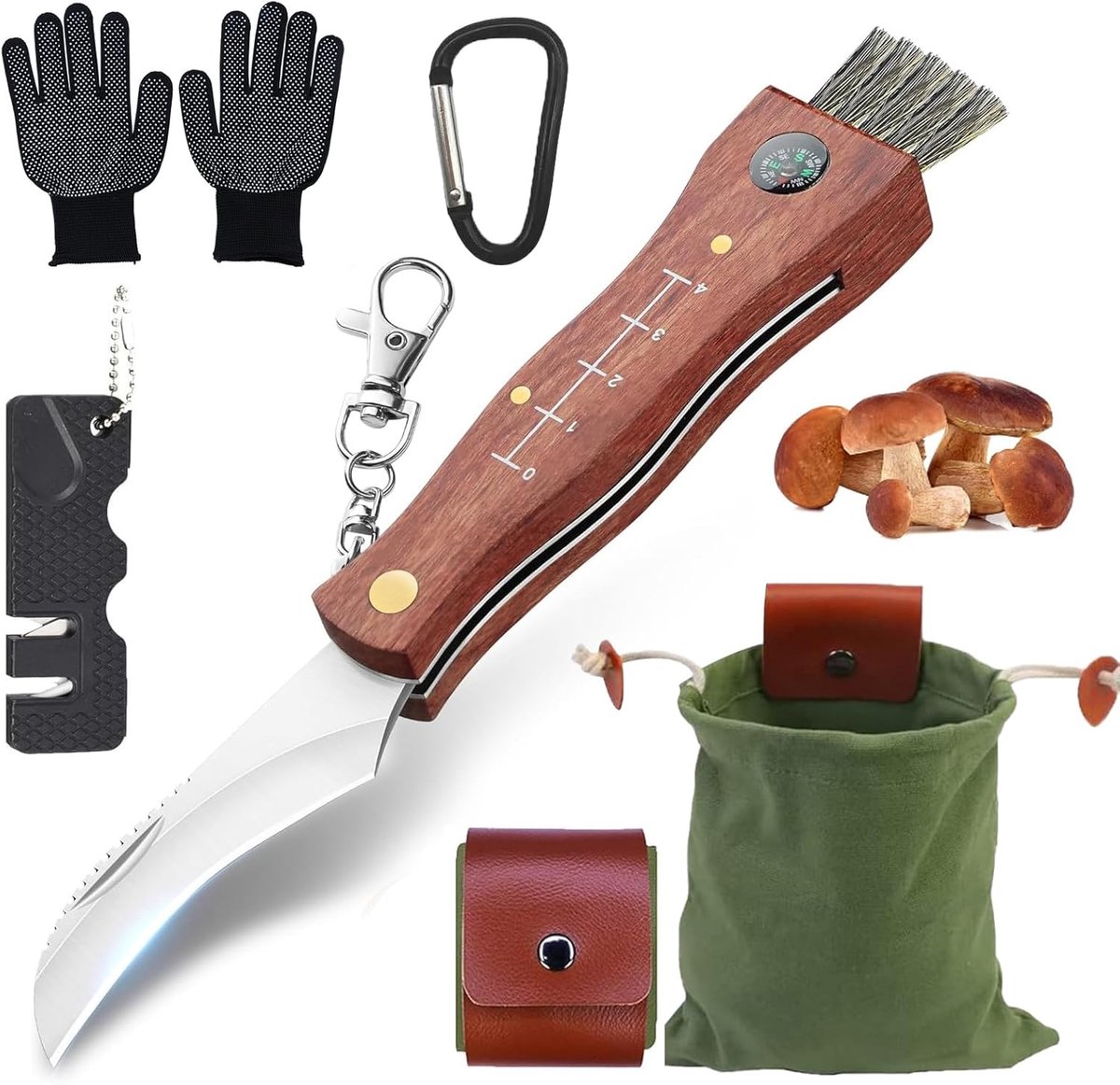 Paddenstoelenmes met borstel - opvouwbaar roestvrij staal - compleet met handschoenen en tas - ShopVlot