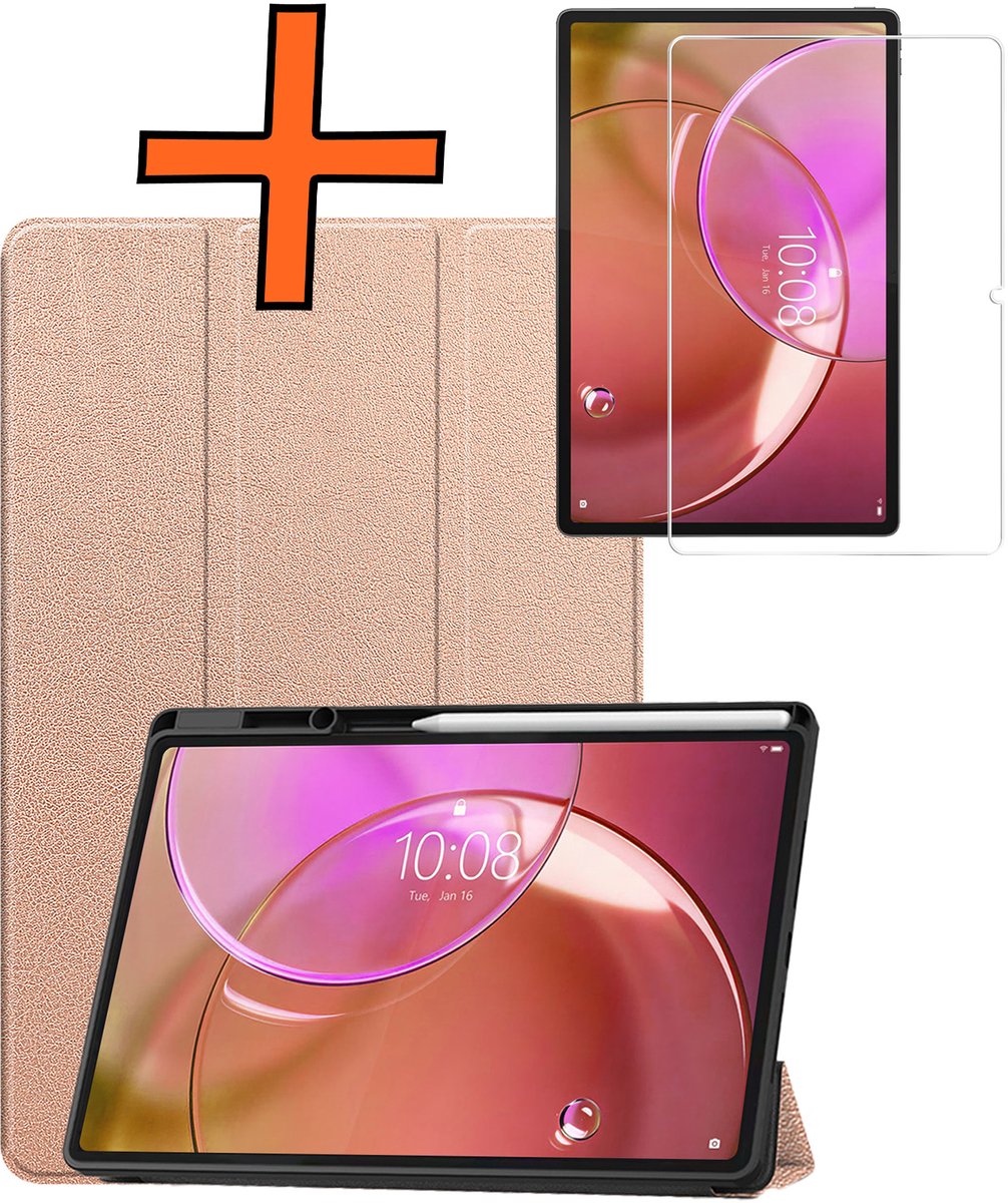 Hoesje - Geschikt voor Lenovo Idea Tab Pro Gen 2 - Met Screenprotector - Trifold Bookcase - Hard Cover Case - Met Uitsparing Geschikt voor Lenovo Pen - Hardcover Book - Tablet Hoes - Rosé goud