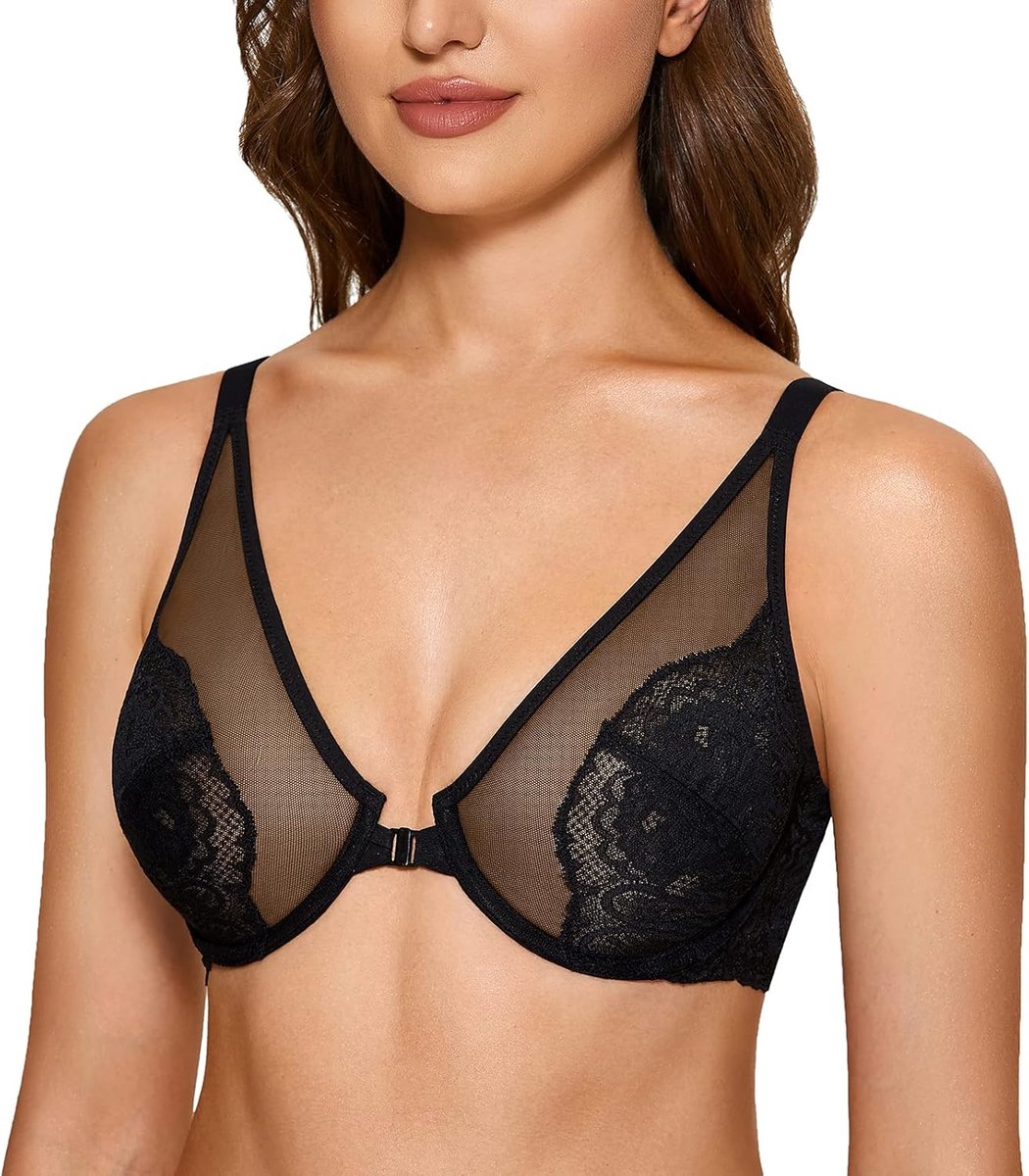 Damesbeha met voorknop en kant - Ondersteunend sexy plunge - Transparant minimiser - Ideaal voor plusmaten - SnelShoppen