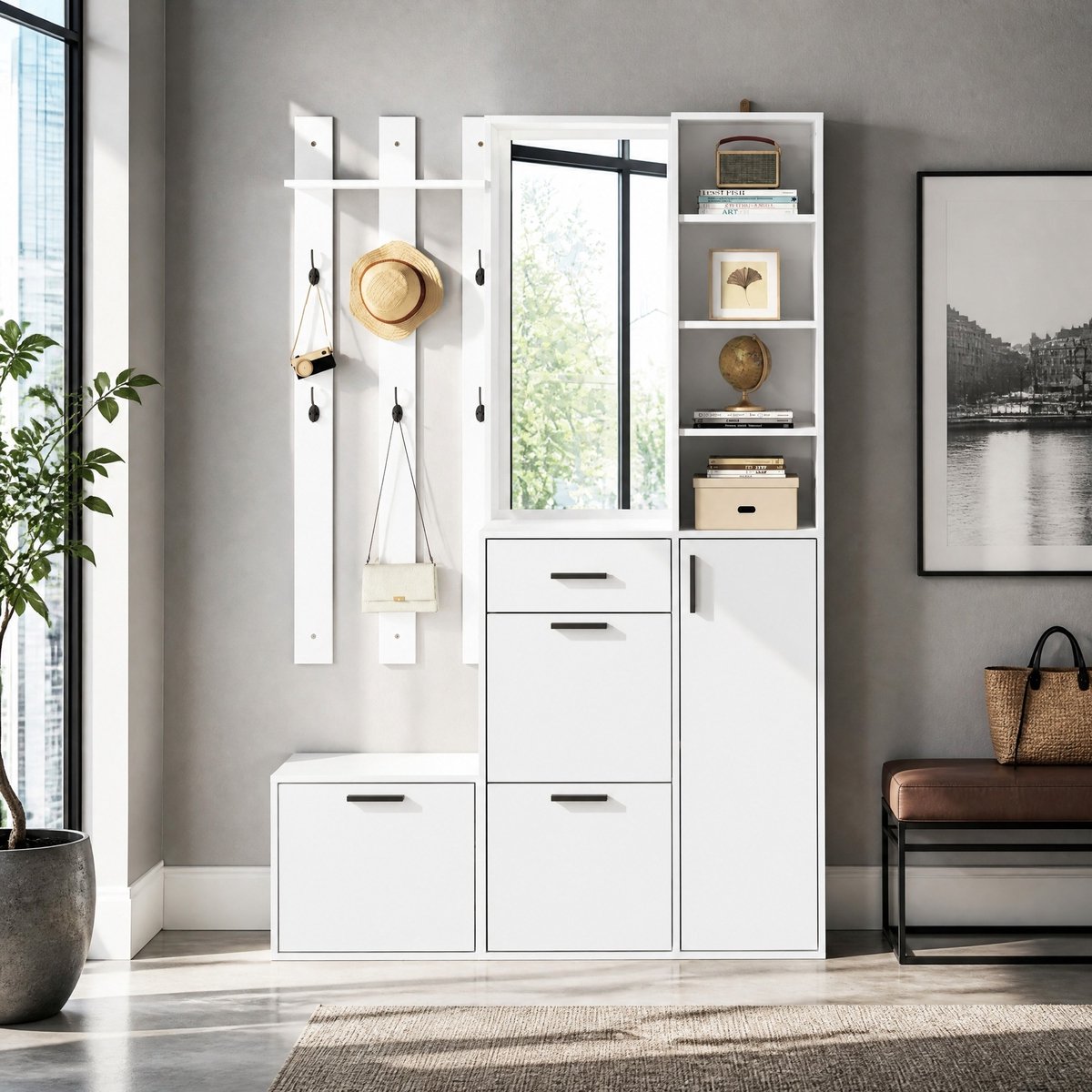 MODENUIT Kledingrek Met Schoenenkast En Spiegel - Voor Hal En Entree - MDF En Spaanplaat - Wit - 120x30x178 Cm