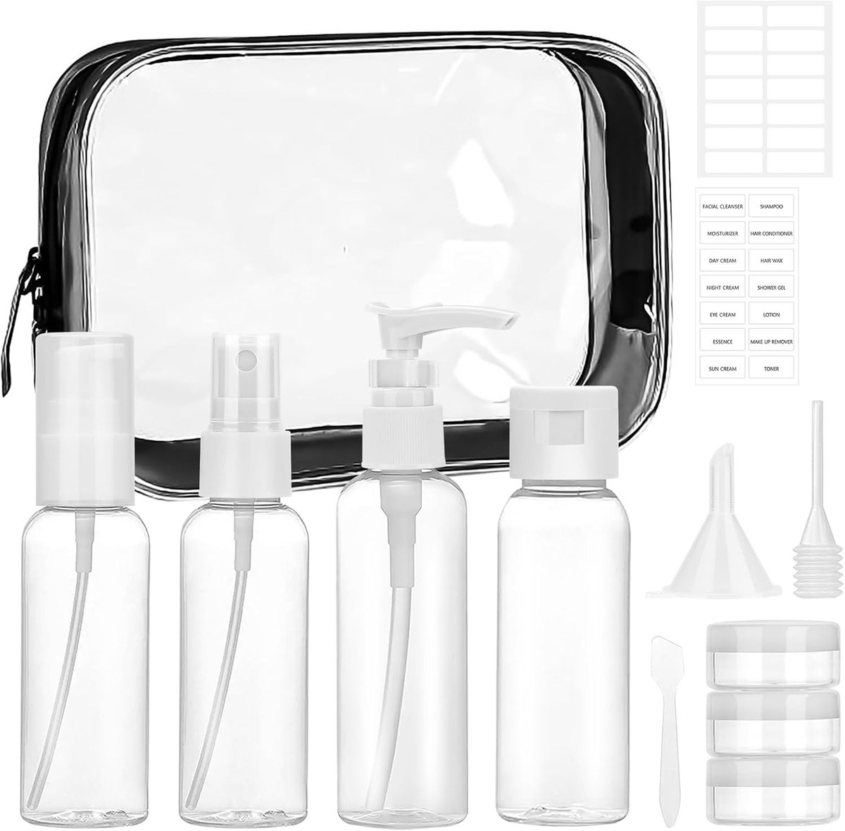 Reisflesjes set 10 stuks - 2 fl oz herbruikbare flessen - inclusief labels en accessoires - ideaal voor cosmetica - ShopVlot
