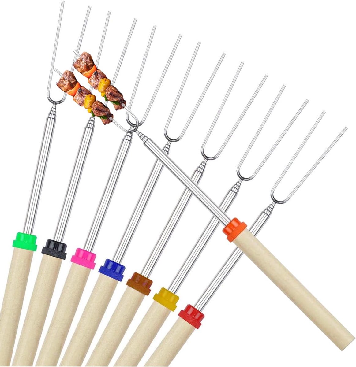 SnelShoppen - 8 Stuks BBQ Marshmallow Rooststok, Uittrekbaar 31CM tot 81CM, Houten Handgreep, Rooster Voor Kinderen, Camping, Vuurkorf, Tuin, Hotdog