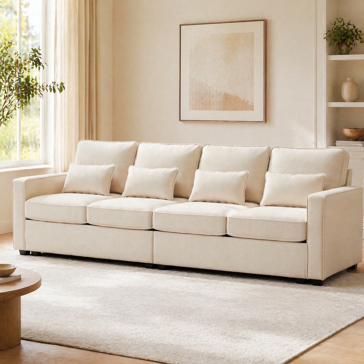 MEUNIQ 4-zits bank van linnen in beige met hoge rugleuning, armleuningopbergzakken, 4 lendekussens en houten frame voor de woonkamer