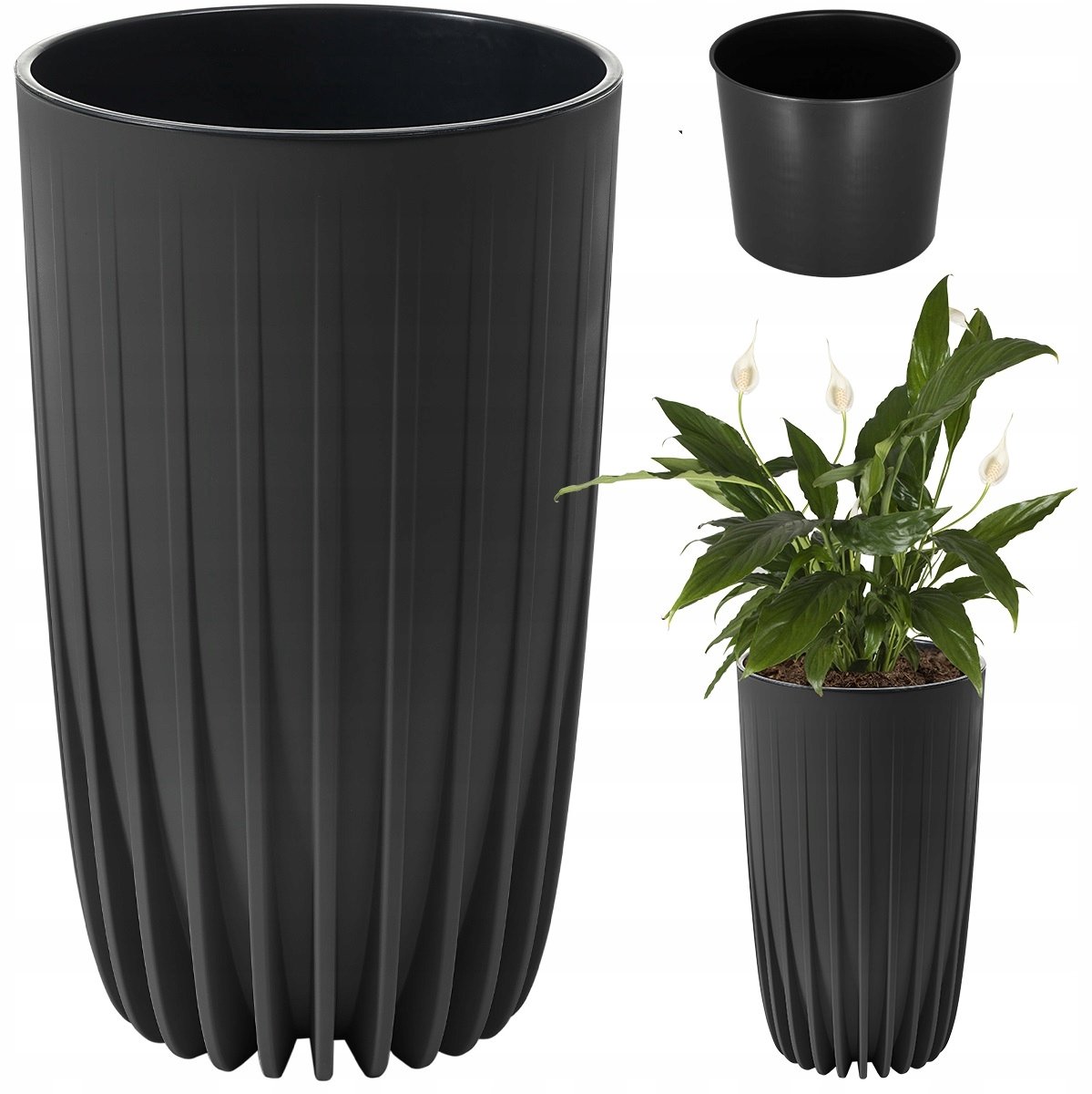 MIRA HIGH bloempot 30x52cm - Zwart, met inzet