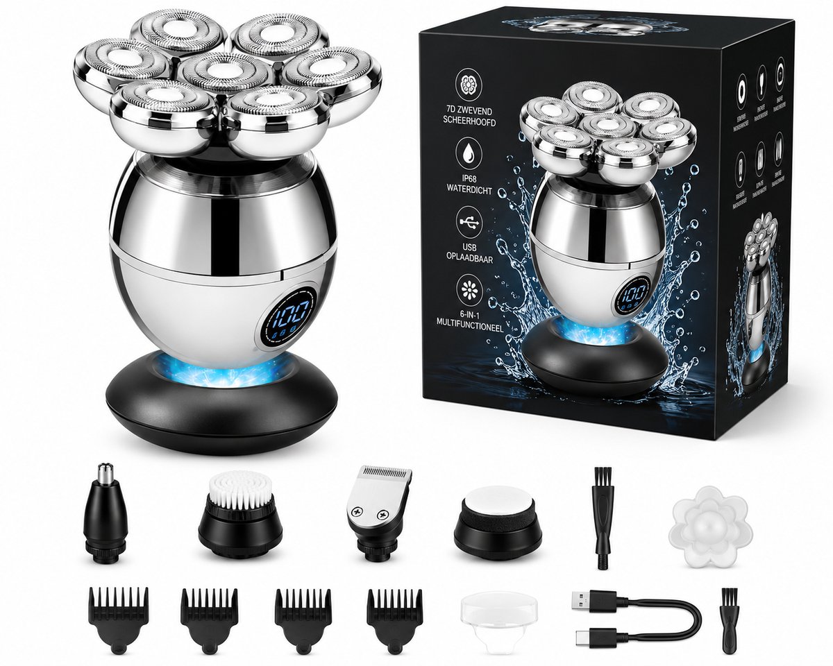 Jurrys Scheerapparaat - Shaver - Baardtrimmer - 6 in 1 - Draadloos - Oplaadbaar - Elektrisch - Waterdicht - Voor hoofd en gezicht - Zilver