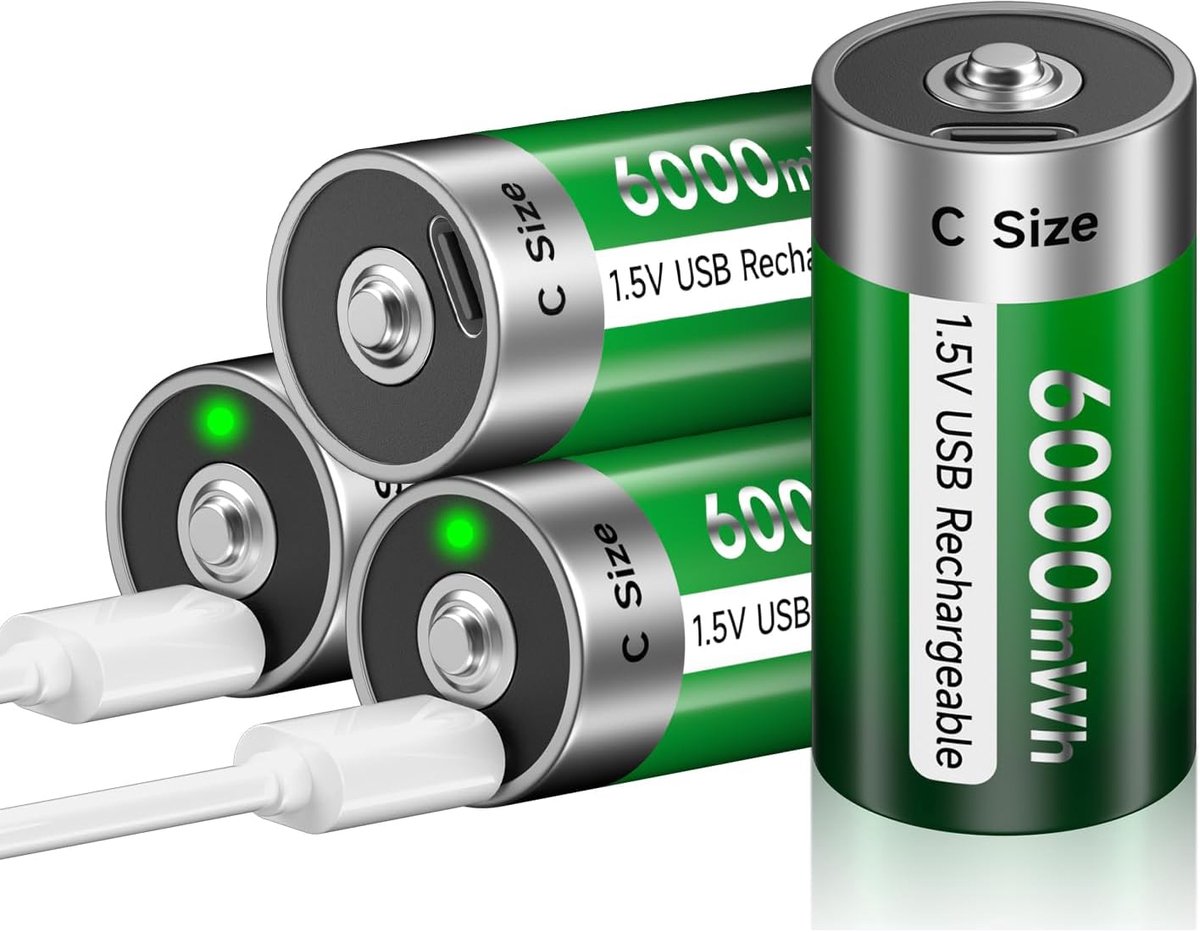 C-batterijen oplaadbaar 6000mWh - 4 stuks 1.5V lithium - Type C snelladen - 1200 cycles levensduur - ShopVlot