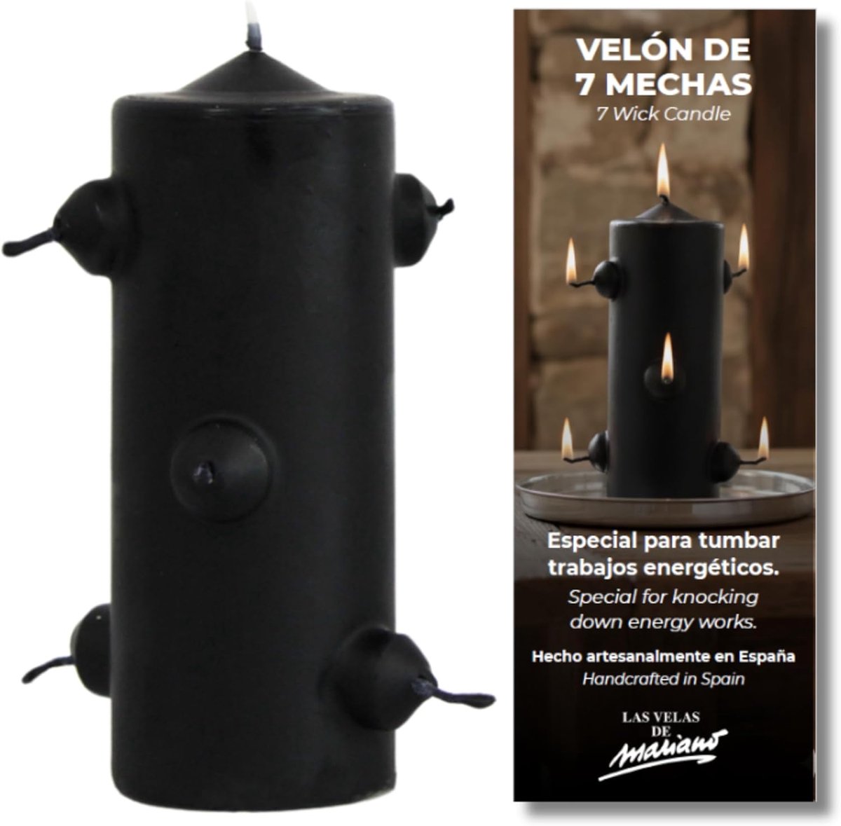 Zwarte kaars met 7 lonten - 16 cm hoog - voor reinigingsrituelen - gelijkmatige verbranding - ShopVlot