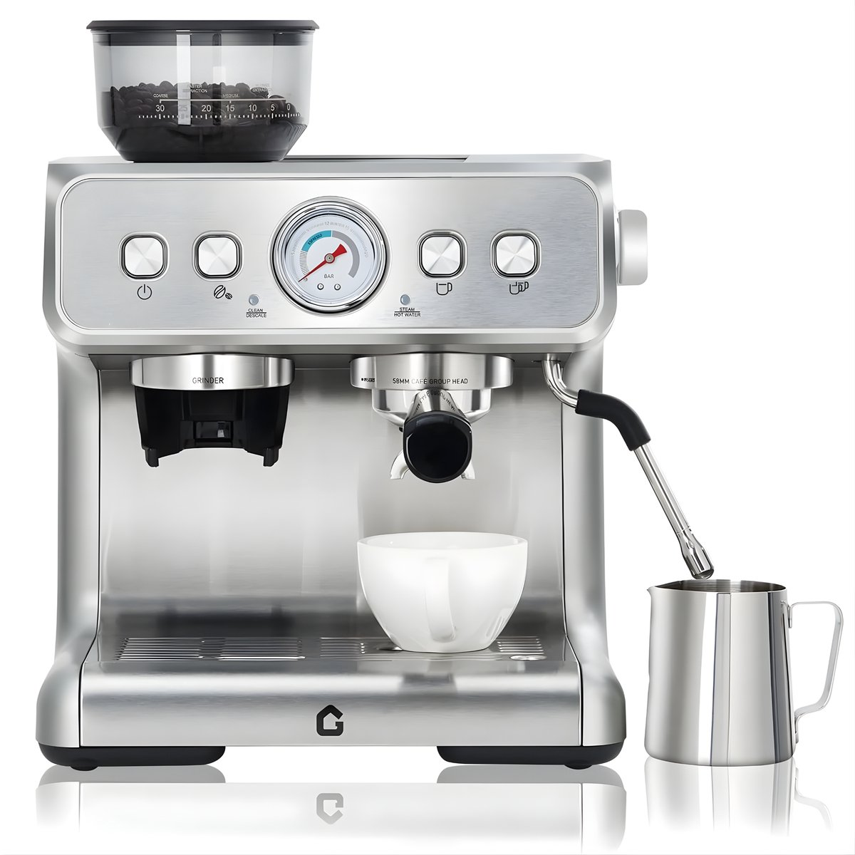 Espressomachine met ingebouwde molen en melkopschuimer - 15 bar semi-automatisch barista-kwaliteit koffie - Zilver kleur, 400x400 cm