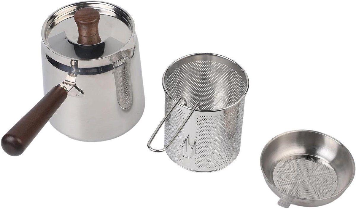 Friteuse met Zeefmand - Olie Frituurpan - Thuis Frituren - Walnoot Handvat - 1.5L of 2.0L - Zilver
