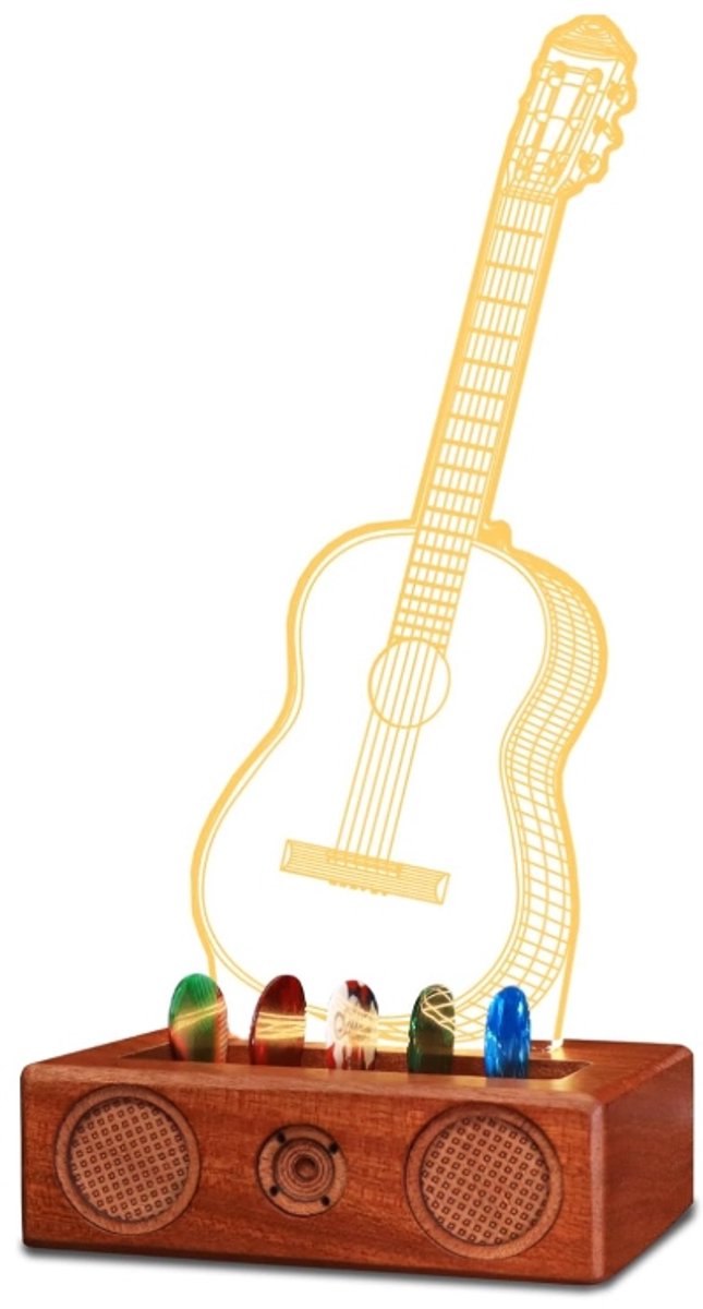 LED Gitaarlamp met Plectrumhouder - 3D Acryl & Hout