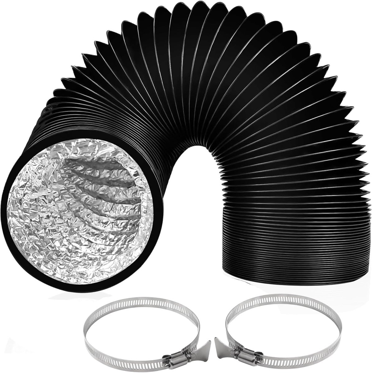 SnelShoppen - 125mm 3m Flexibele PVC Ventilatiebuizen | Aluminium Buizen met 2 Stalen Slangklemmen voor Airconditioning, Wasdroger, Afzuigkap, Afzuigv