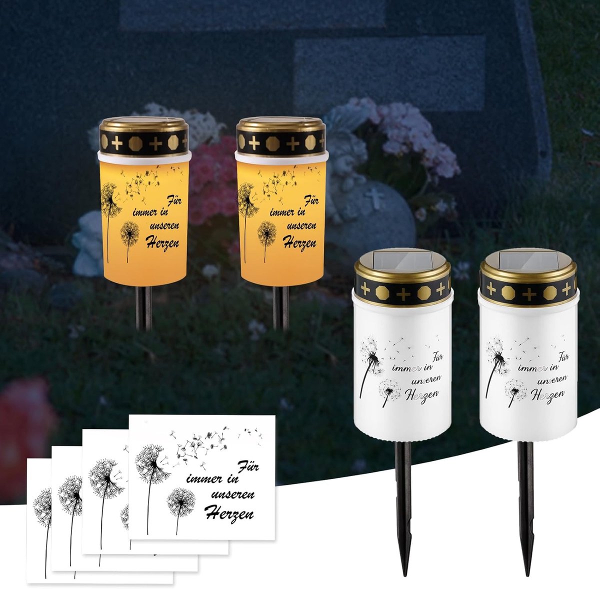 Set van 2 graflichten op zonne-energie met grondpen en paardenbloem stickers, IP65 weerbestendig, flikkerende led-grafkaarsen, kersen, graflichten voor altijd in ons hart (warmwit)