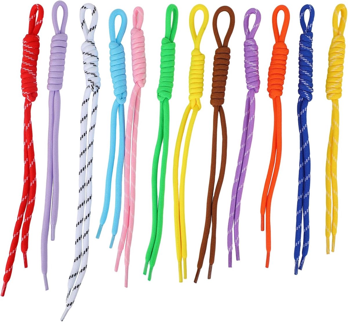 6 Stuks Effen Kleur & 6 Stuks Streep Kleur Paracord Sleutelhangers, Gevlochten Touw Koord Tas Bedel Handgeweven Touw Sleutelhanger voor Portemonnee Rugzak Handtas Decoratie Accessoires