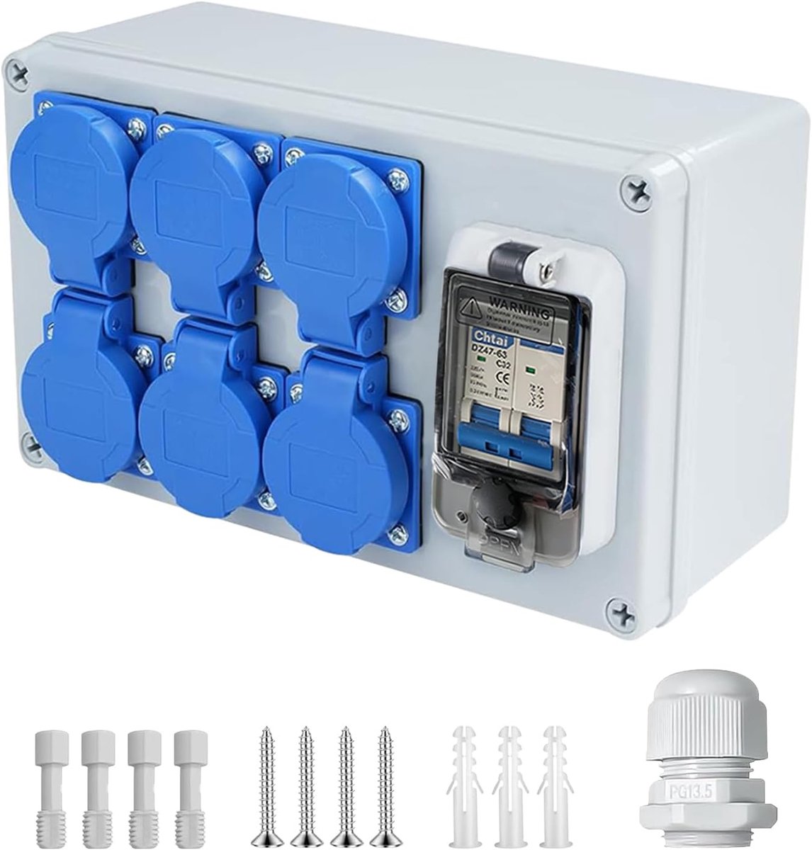 16 A, stroomverdeler, wandverdeler met 63 A 1P+N FI schakelaar, stroomverdeler 16 A met 6 stopcontacten (250 V, 2-polige bouwstroomverdeler), IP54 waterdicht