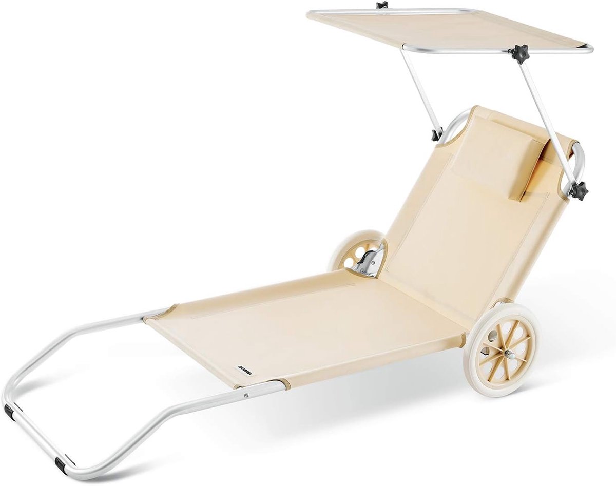 Ligstoel Kreta Opvouwbaar 2 wielen UV-bestendig Ligbed luifel Strandstoel 115kg Belastbaar Aluminium Beige