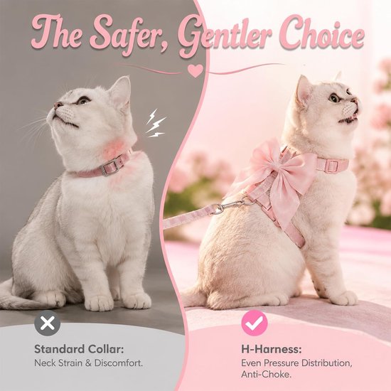 Set Met Lijn, Ontsnappingsbestendig Kattentuig, Comfortabel Verstelbaar, Met Roze Strik, Voor Katten En Puppy’s, Nylon, S Roze — afbeelding 3