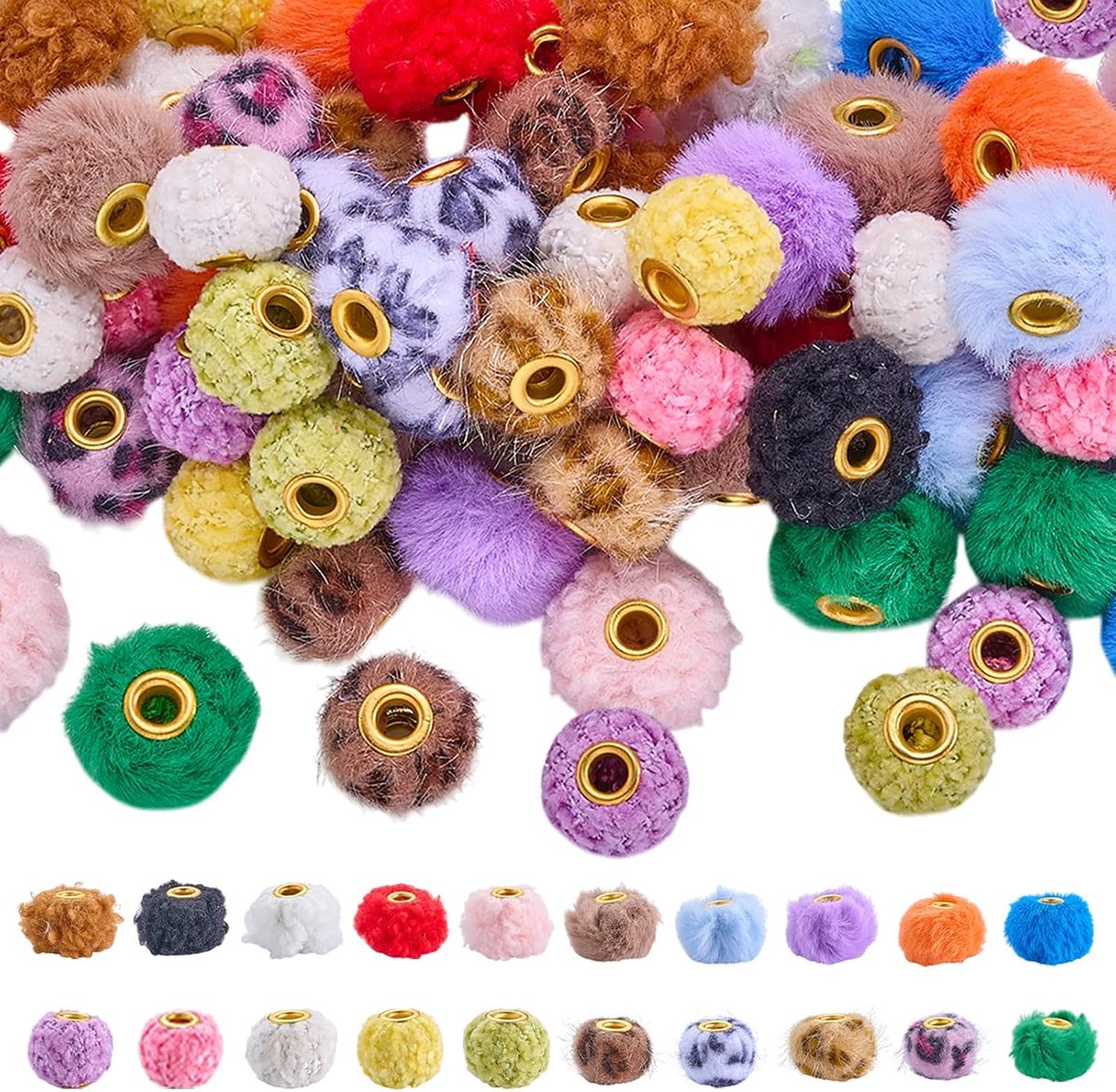 80 stuks kleurrijke zachte pluizige pompon kralen met groot gat kunstbont afstandhouders kralen grote verpakking voor doe-het-zelf pennen oorbellen sleutelhangers kunsthandwerk