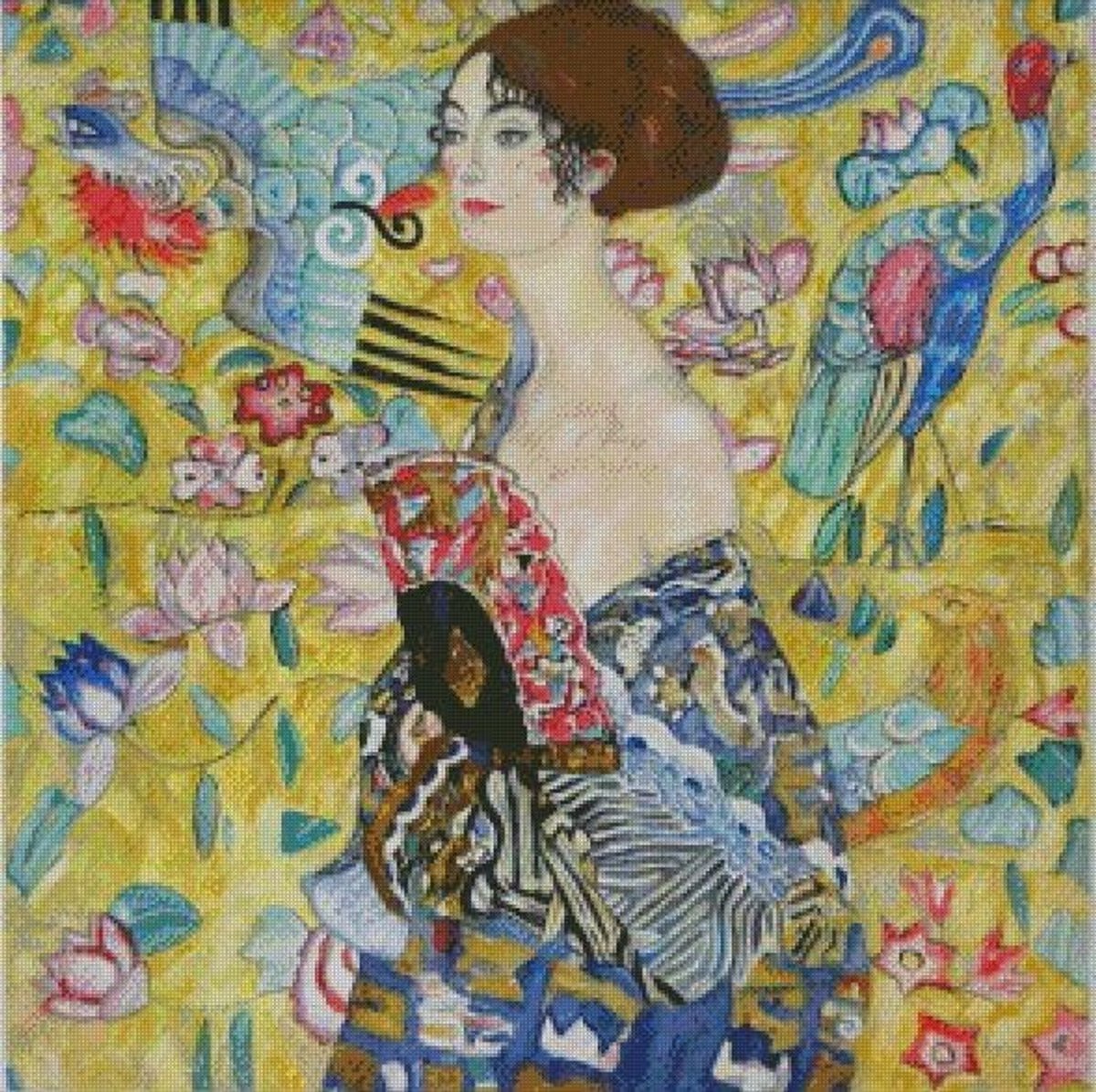 Dame met waaier geteld katoenen kruissteek, 100% katoen, 14 count, 300 x 300 steek, 54 x 54 cm katoen geteld portret kruissteek kits