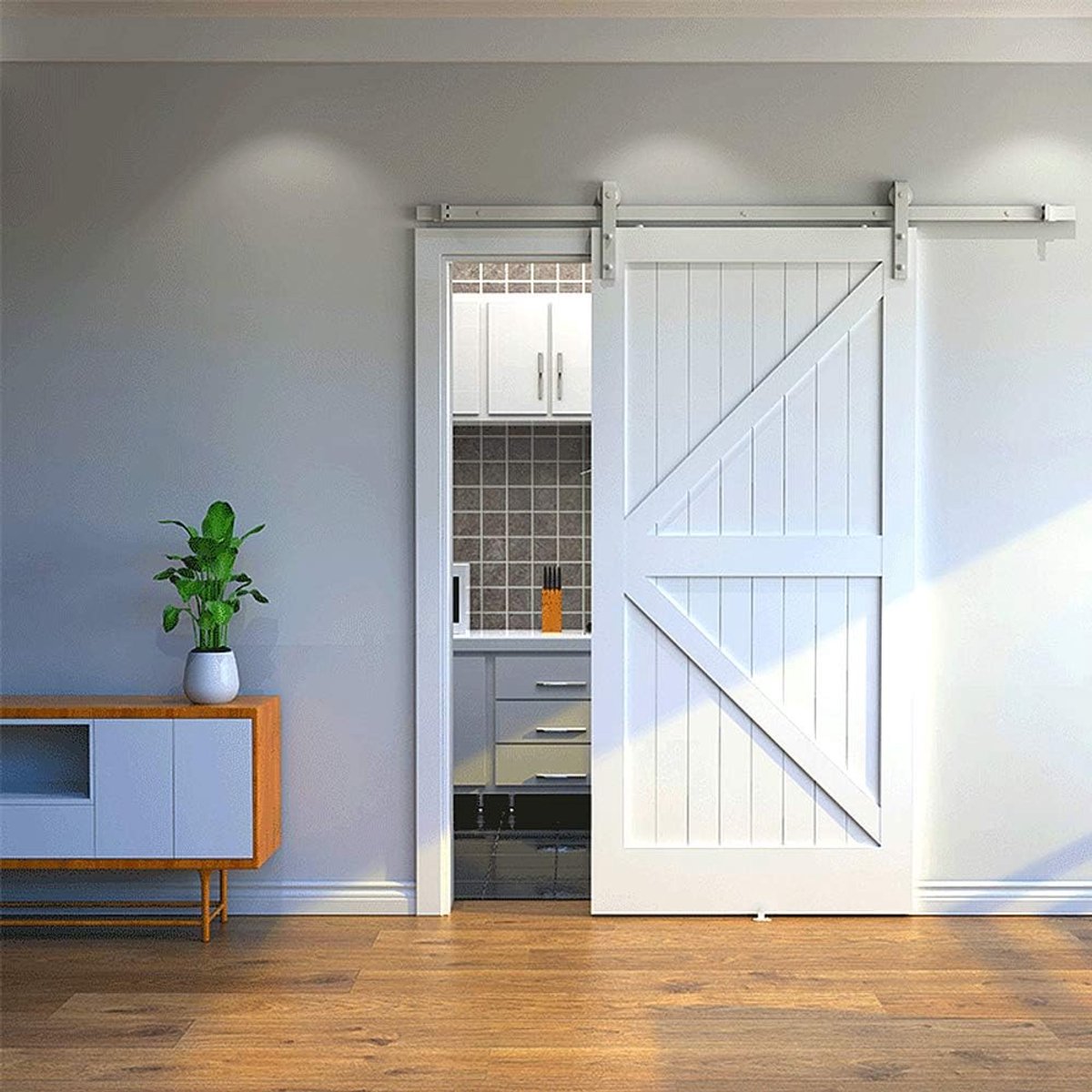 200 cm Schuifdeursysteem, complete set voor schuifdeuren, soepel, stil, past op 100 cm brede deurbekleding (Wit - Klassiek, 200 cm)