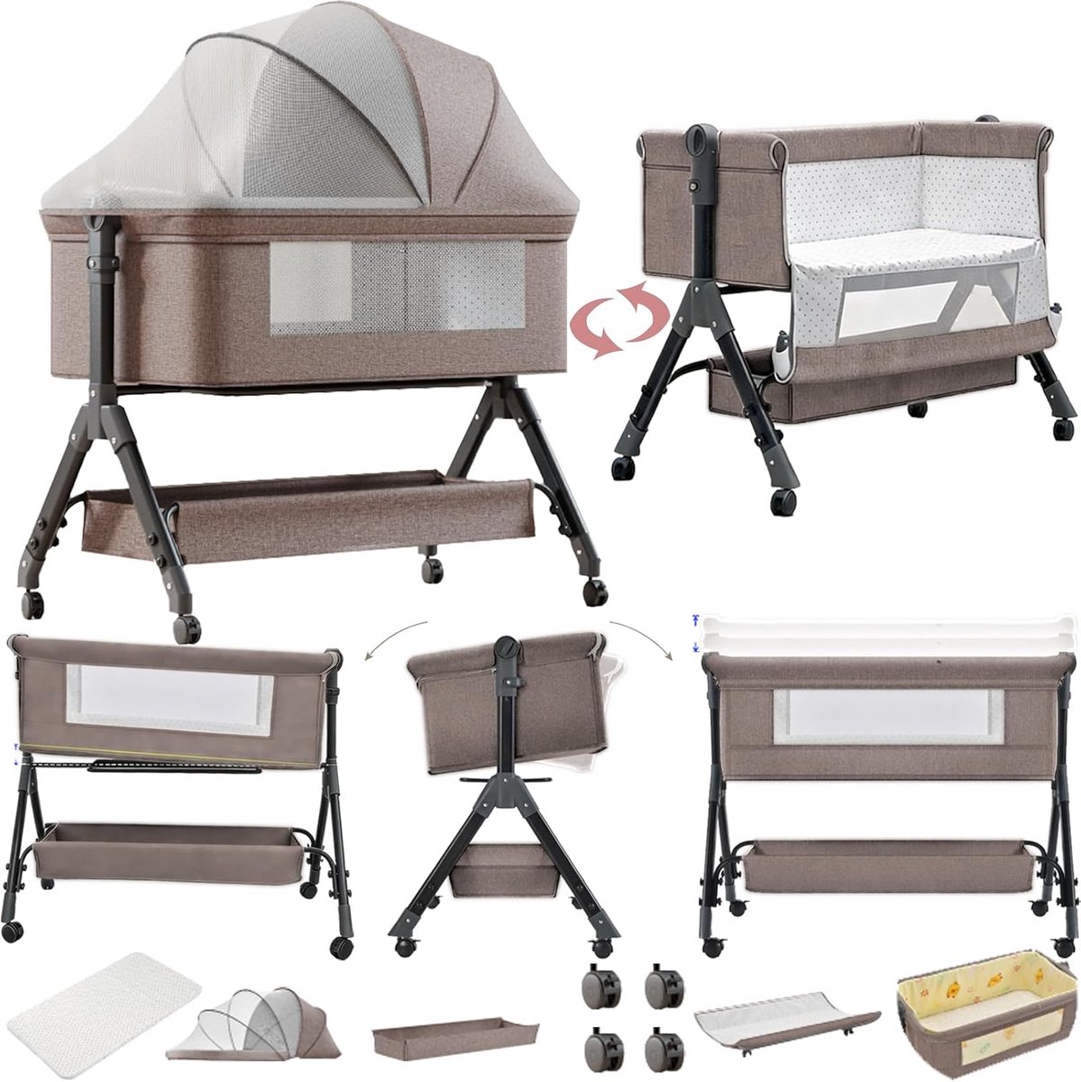 To Me Bedwieg, Opvouwbaar Ombouwbaar Baby Bedside Wieg, Co-Slaap Wieg, Baby Bedside Slaapwieg (X3 Khaki)