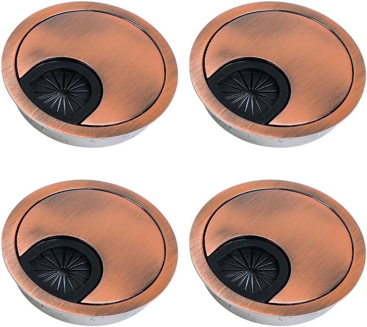 4 stuks kabeldoorvoer, bureau, 60 mm, van metaal, met rubberen doorlaten, ronde kabelgatafdekking voor kabelmanagement, kantoor en werkblad, eenvoudige montage (antiek roodbrons)