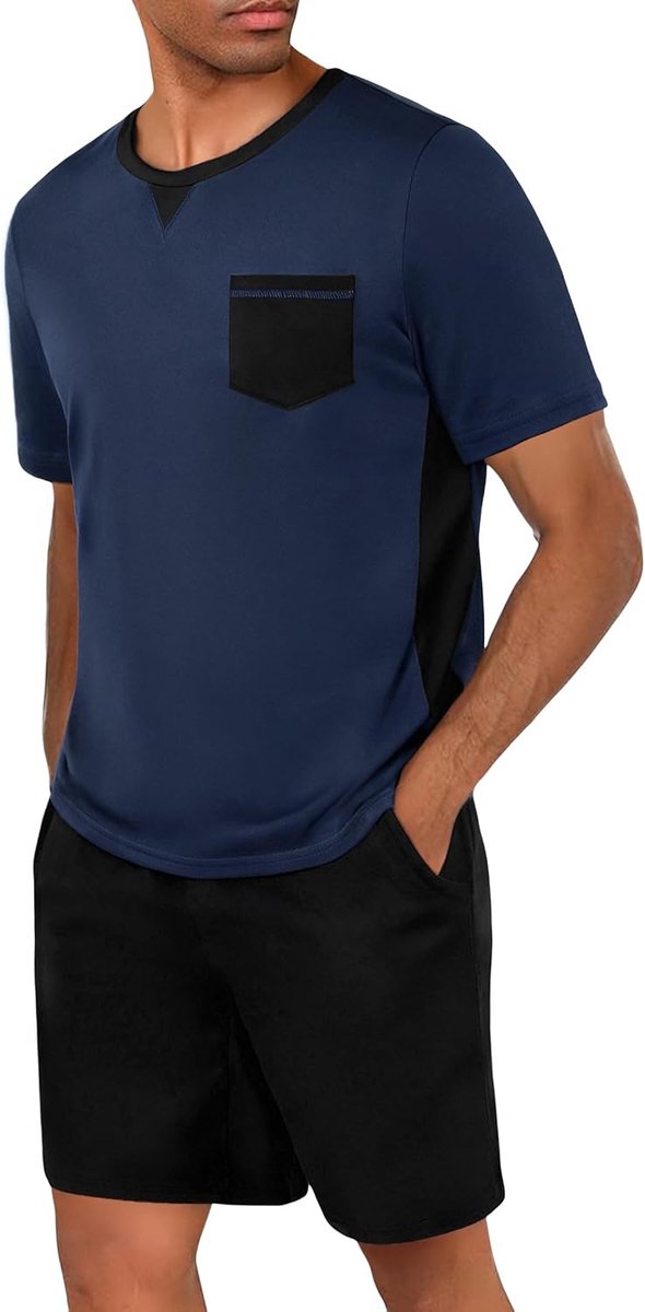 Pyjama voor heren, korte mouwen, katoen, zomer, pyjamaset, V-hals, shorts