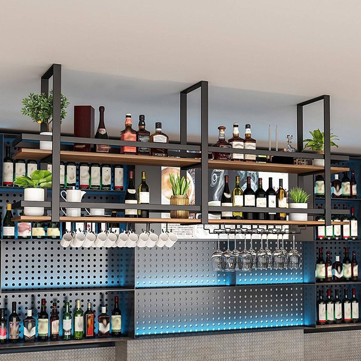 Wijnglashouder, hangend wijnrek - plafondrek met flessenhouder, 2-laags industriële hangende wijnflessenhouder, voor keuken, bar, café (Black, 100×30×80cm)