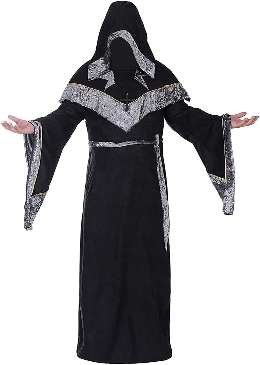 Tovenaarsgewaad, Halloween, cosplay kostuums voor mannen, volwassenen, middeleeuws uniform, vintage renaissance-kleding, herenoutfit, tovenaars, mantel, cape, zwart, S