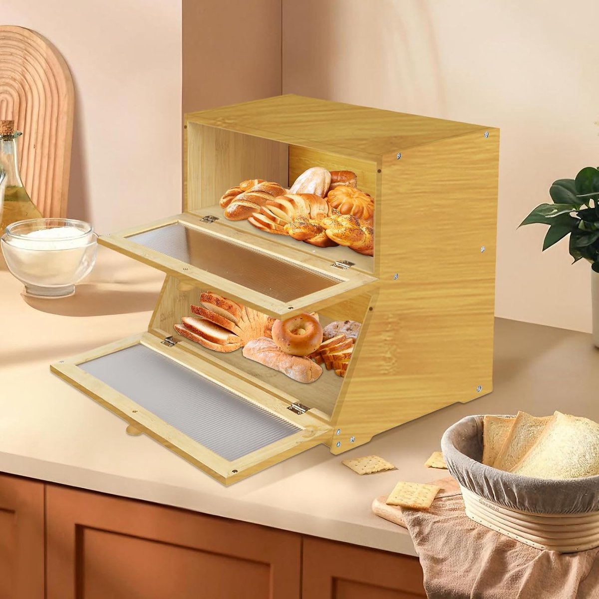Eco Broodtrommel - Keuken opbergdoos - Broodtrommel - Gevisualiseerd voor keuken, brood, toastbrood, opslag van brood, van natuurlijk bamboe, 40 x 33 x 25 cm - bamboe - originele kleur