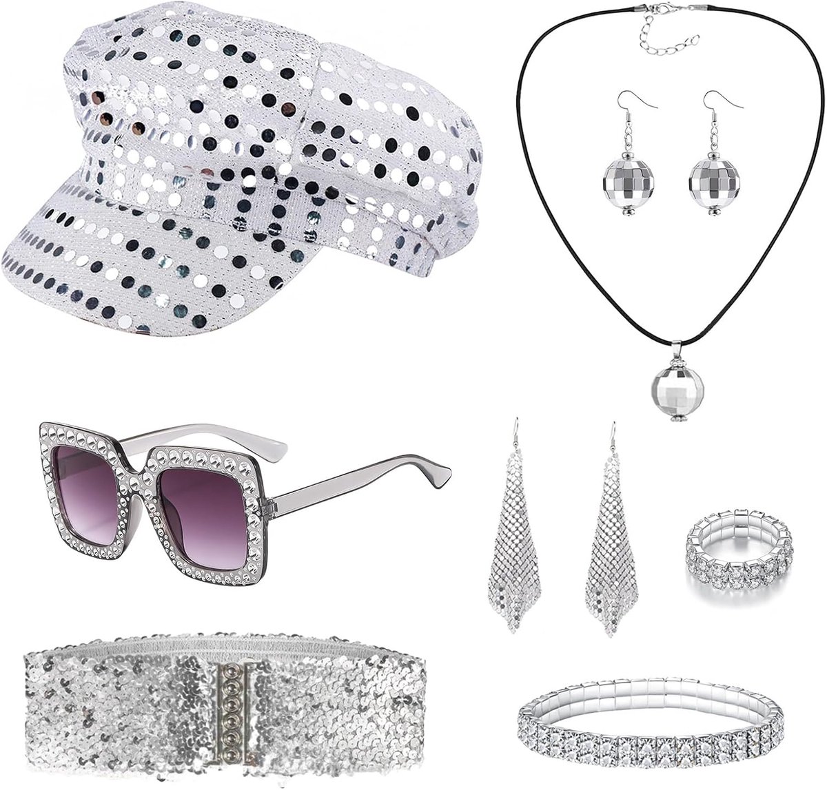 8 stuks jaren '70 discoaccessoires, disco-outfit voor dames, met modieuze glitterhoed, zonnebril, oorbellen, armband, riem, ring, disco retro kostuum voor carnaval, Halloween, themafeest