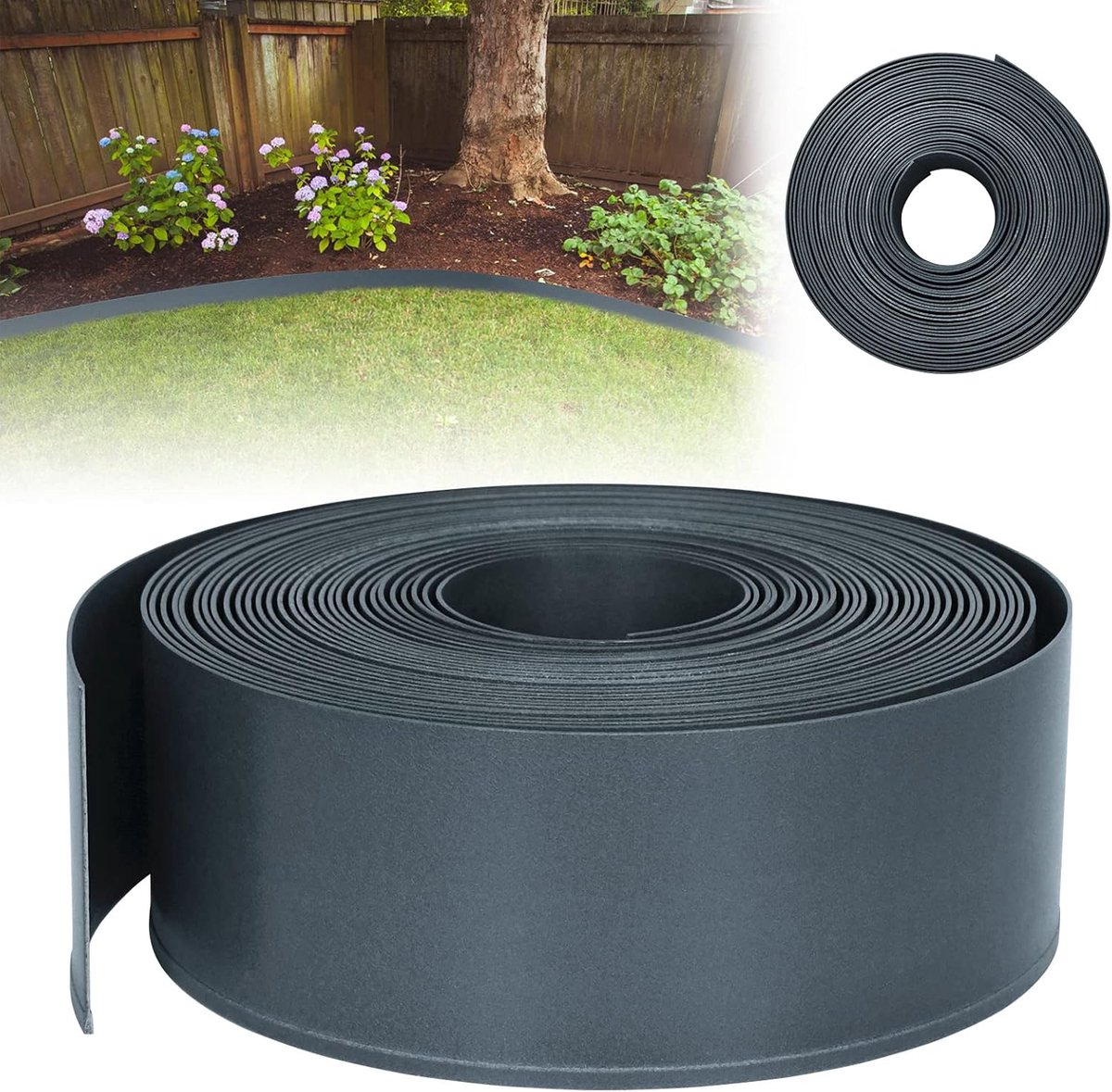 Gazonrand, elastische bloembedomranding, rond, tuinomranding, robuuste bloembedomranding voor bochten, onzichtbare lawn edging van stevig plastic, 10 m x 12 cm, zwart