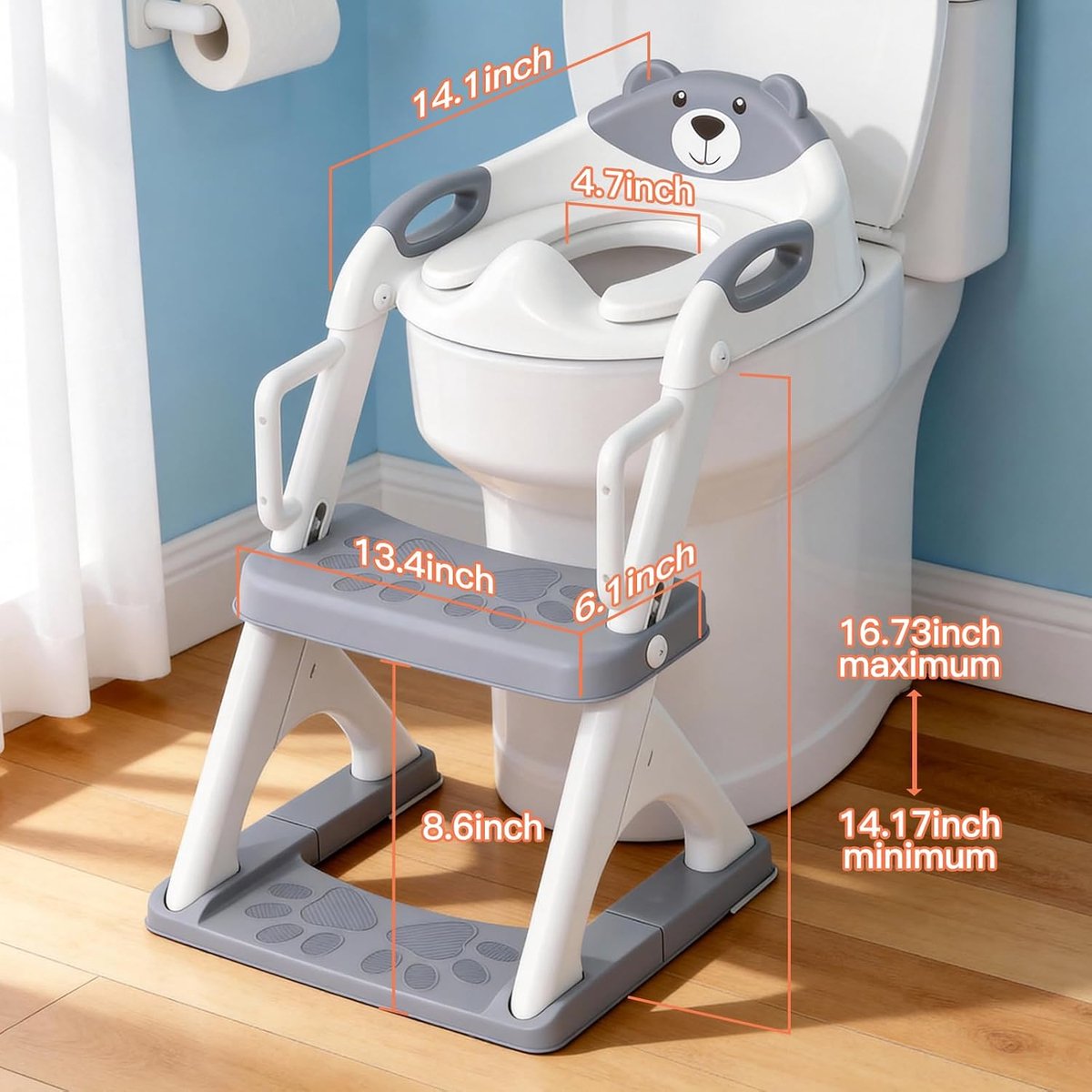 Training Seat, SKYROKU Upgrade Peuter Toiletbril voor Kinderen Jongens Meisjes, 2-in-1 Potty Training Toilet, Spatbescherming Anti-Slip Pad Stap Kruk, Veiliger en Handiger (8899Pro Grijs)