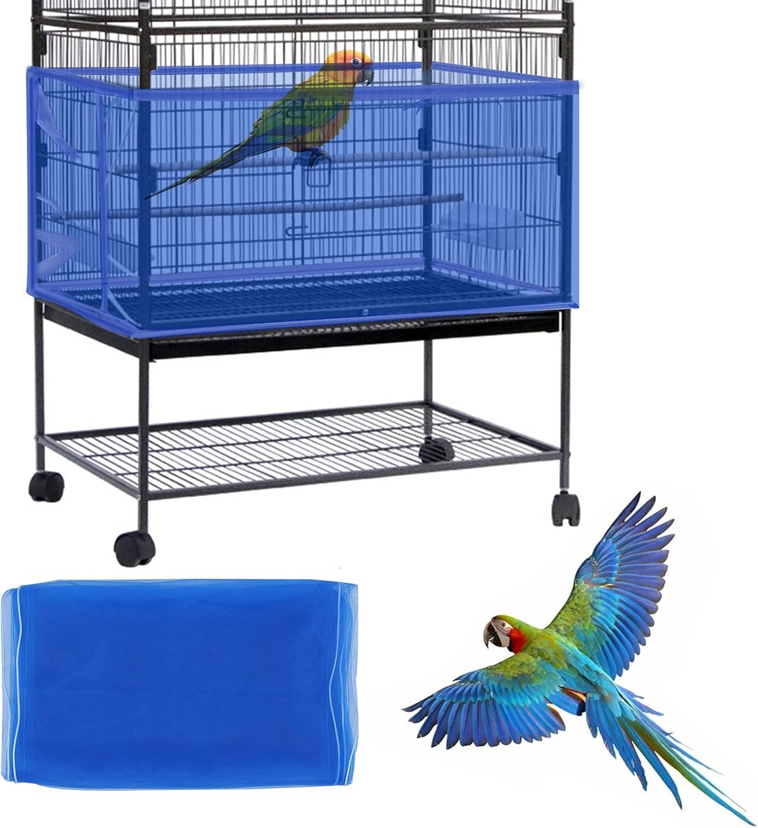 Grote vogelkooihoes, vogelkooi zaadvanger, verstelbaar zacht, luchtig nylon gaas, vogelkooihoes, rok, zaadbeschermer voor papegaai, parkiet ara Afrikaanse ronde vierkante kooien (blauw)