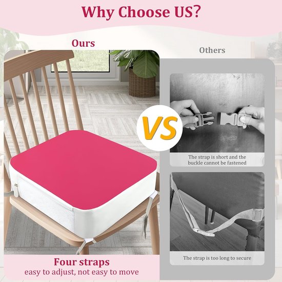 Stoelen voor kinderen, voor op tafel, 4-punts verankering, 9,6 cm, verhoging voor peuters aan de eettafel met zijzakken, antislip en draagbaar zitkussen voor kinderen (roze) — afbeelding 5