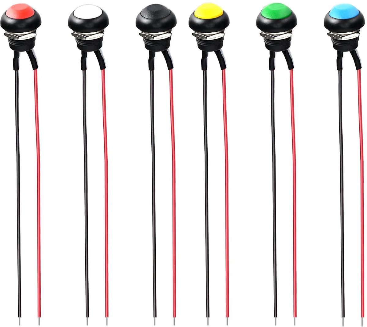 6 Stuks Waterdichte Voorbedrade Drukknoppen 12 mm 3A 250V | 6 kleuren | 12 mm voorbedraad | 3A / 250 VAC | Momentcontact SPST | Waterdicht | Schroefdraad 0,75 mm