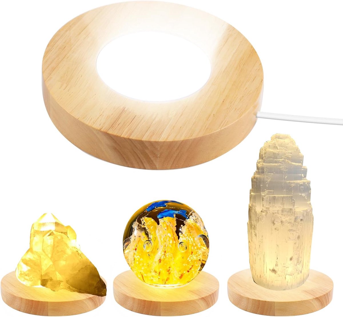 Led-lampvoet van hout, ronde houten standaard in warme kleur, 3 lichtmodi met 3-traps dimfunctie voor 3D-kristalglas-kunsthars acryl kunst (12 cm geel)