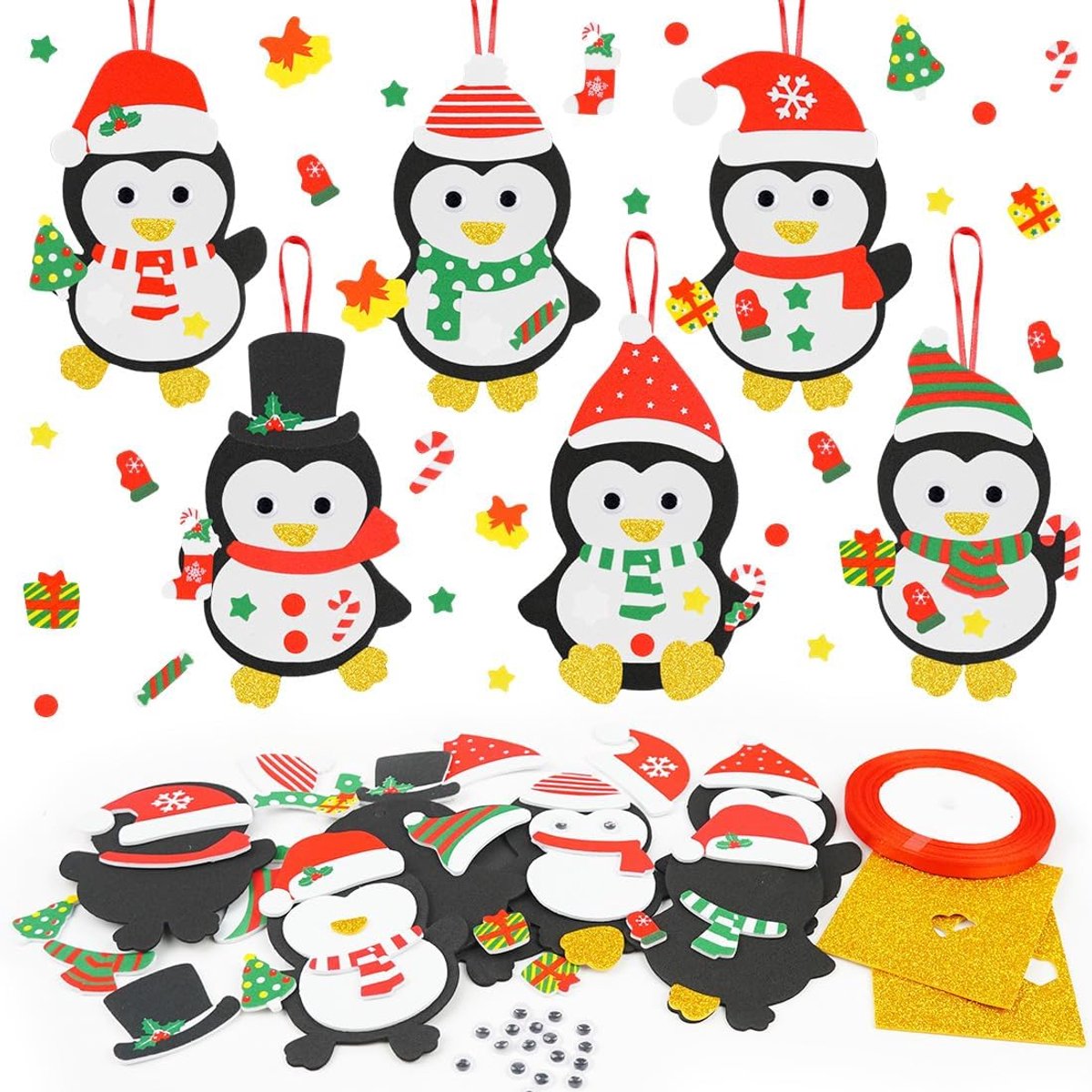 Kerstwerk voor kinderen, 12 stuks pinguïn-kersthangers, doe-het-zelf kerstdecoratieset, creatieve kerstcadeaus als cadeaus voor kinderen, kerstboomversiering