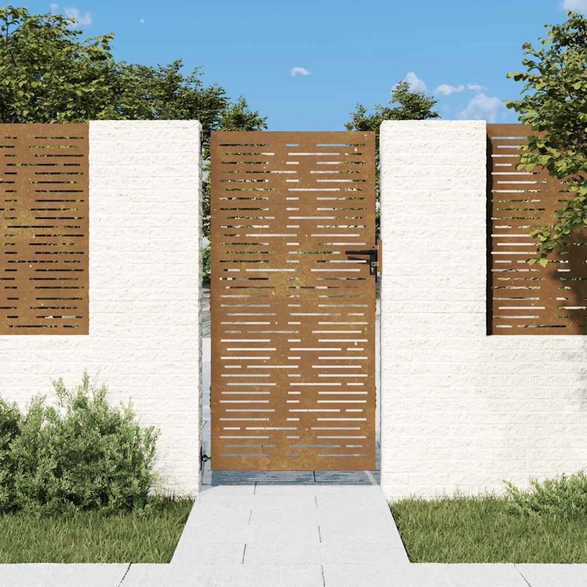 Tuinpoort 85x200 cm lasergesneden | Weerbestendig staal, afsluitbaar, vierkant design, voor tuin of terras
