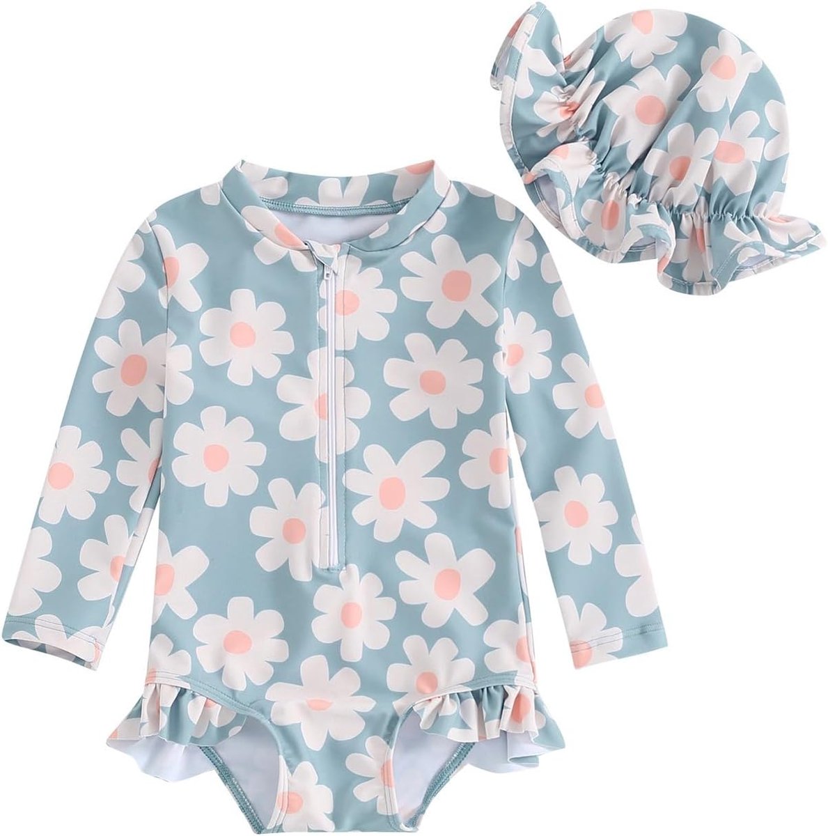 Badpak voor meisjes en baby's, badpak met lange mouwen met uv-bescherming en bijpassende muts, badpak voor meisjes van 3 maanden tot 4 jaar