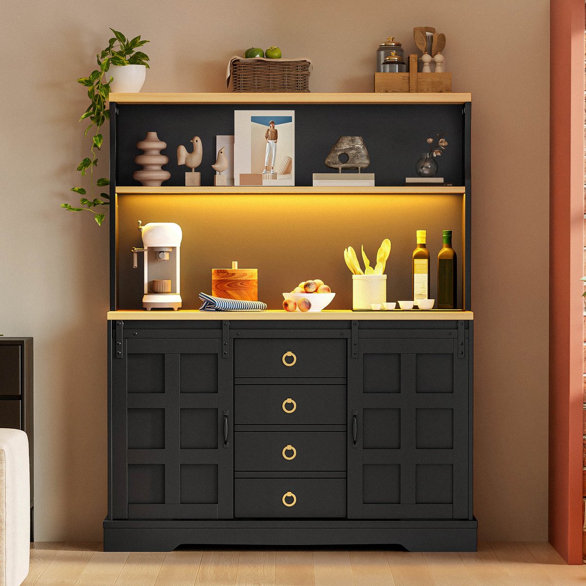 VVBV Buffetkast 120x40x150 cm - Wijnrek, Opbergruimte, USB-Aansluiting, Glazen Deuren - Zwart, MDF