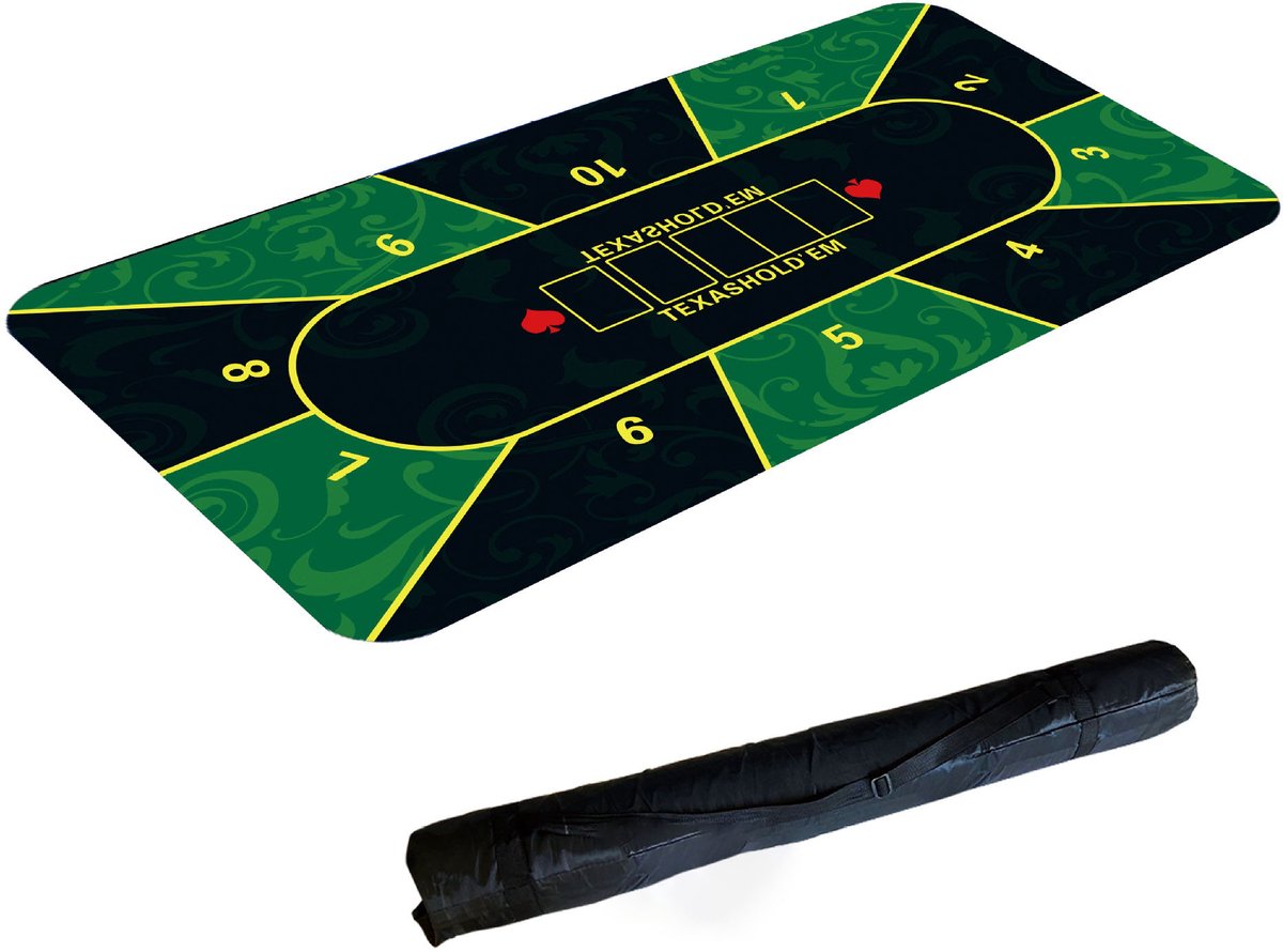 Texas Hold'em Tafelmat - Pokertafelmat - Antislip tafelmat - Tafelmat - 120x60x0,2 cm - Inclusief opbergtas - Geschikt voor kaartspellen, poker en blackjack - Groen