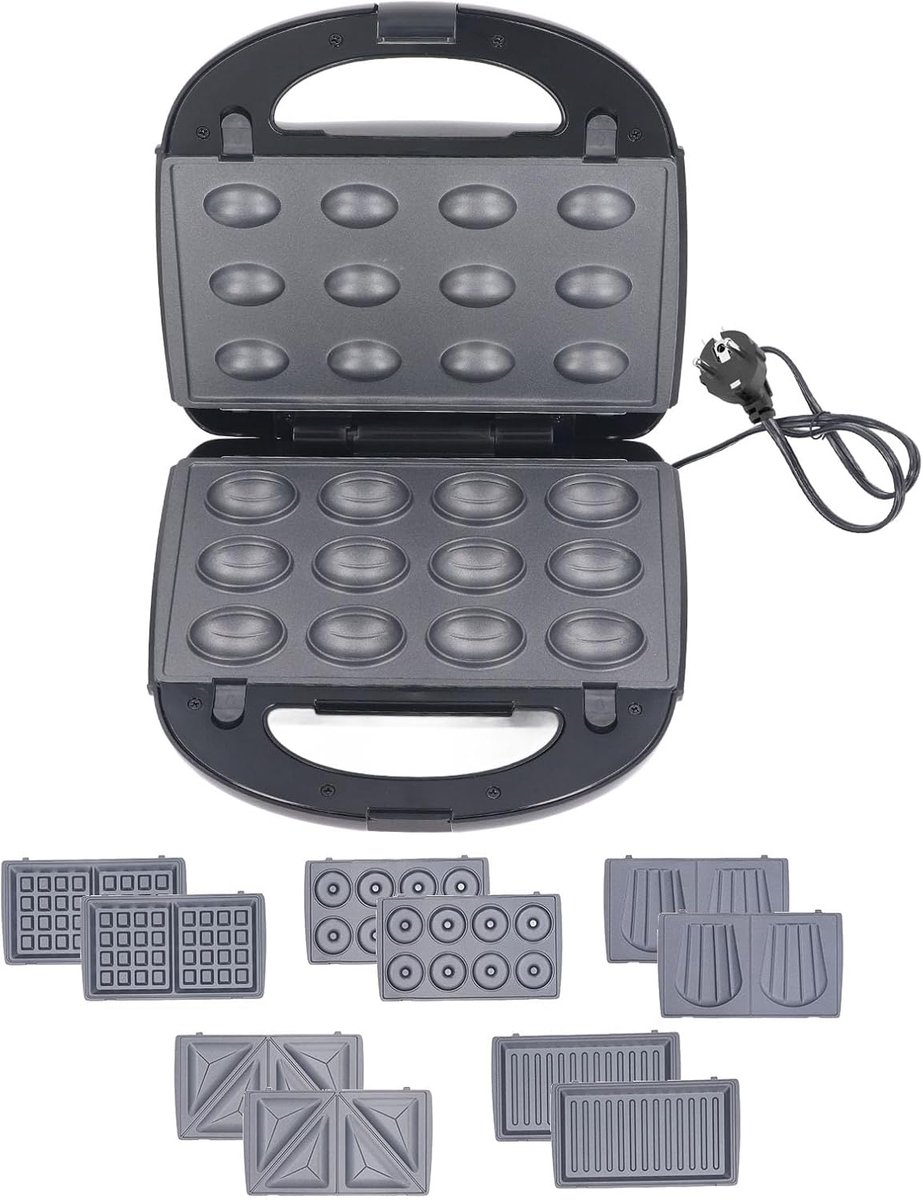 Elektrisch Platenijzer - Wafel en Tosti - Snelle Snacks Maken - 10 Verwisselbare Platen - 750 Watt - Zwart
