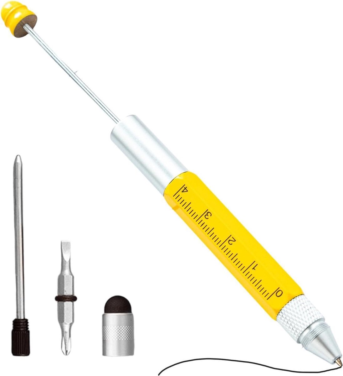 Multifunctionele Pen - Gereedschap Pen - Knutselen en Meten - 6-in-1 Tool - 16.6 cm - Geel