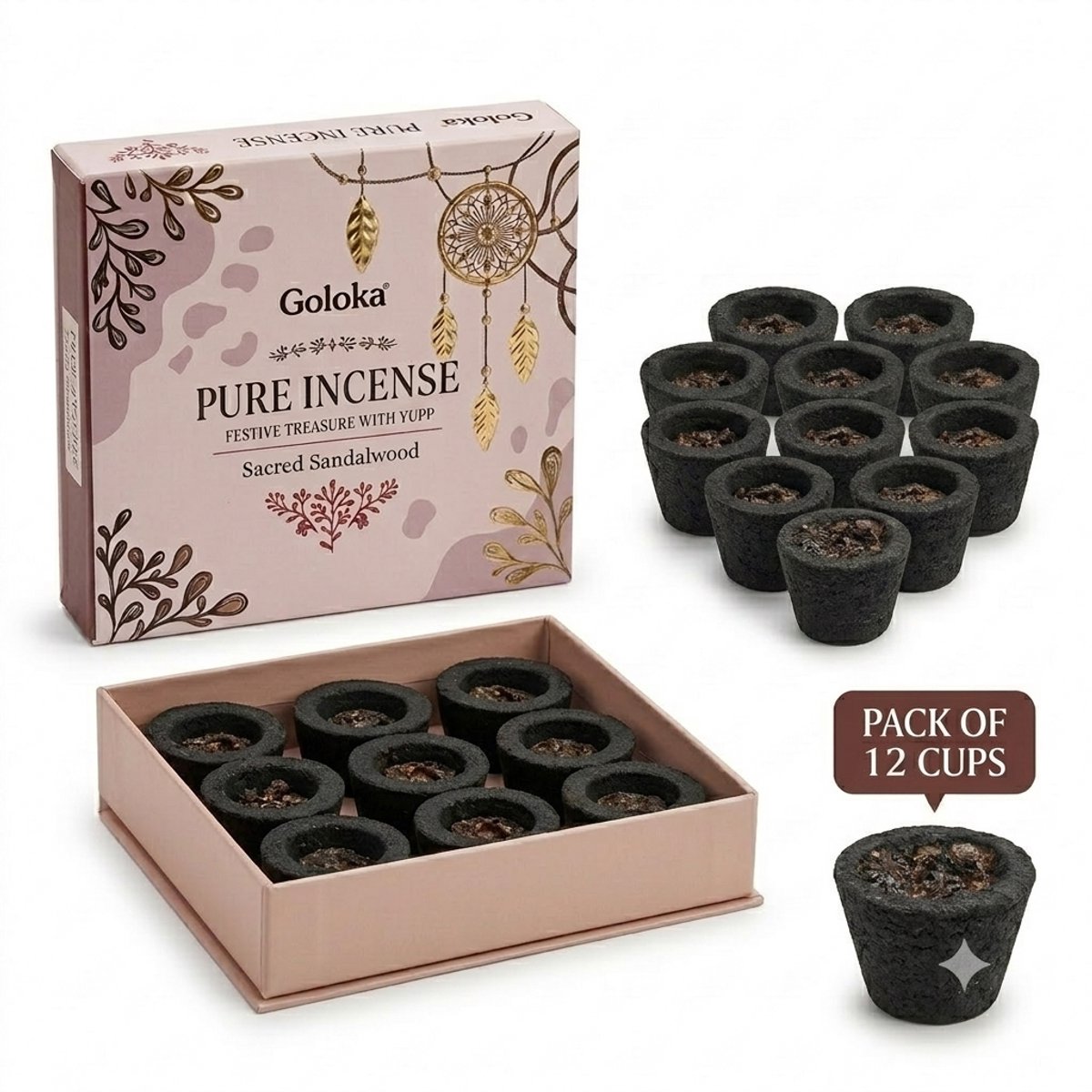 Goloka All-In-One Houtskool Cups x 12 – Houtskoolbekers voor Wierook, Kruiden & Hars – Ideaal voor Wicca, Puja Rituelen, Meditatie, Yoga & Spirituele Reiniging Met Kajal Sticker
