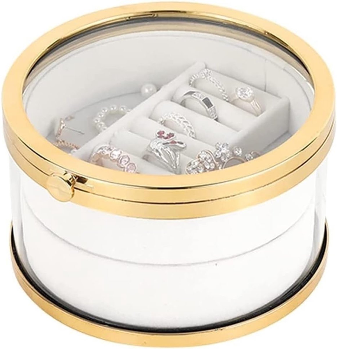Juwelendoos Rond Glas - Opbergkoffer Sieraden - Sieraden Organiseren - Dubbellaags Ontwerp - 15.5x15.5x6cm - Goud