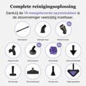 Overzicht van 14 opzetstukken voor de stoomreiniger: diverse borstels, doeken en wisser.