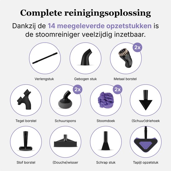 Overzicht van 14 opzetstukken voor de stoomreiniger: diverse borstels, doeken en wisser.