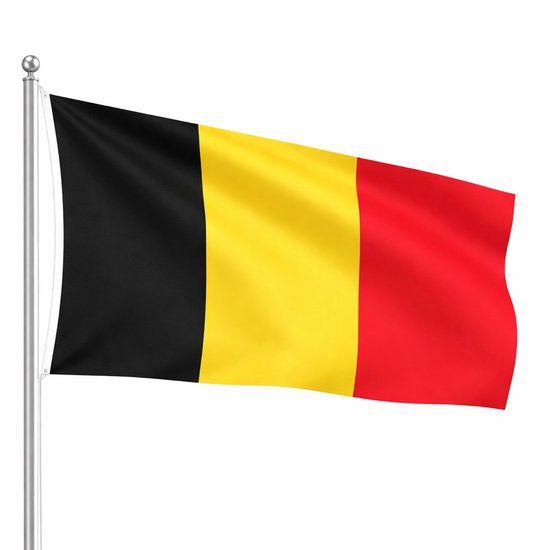 Drapeau belge flottant sur un mât, sur fond blanc.