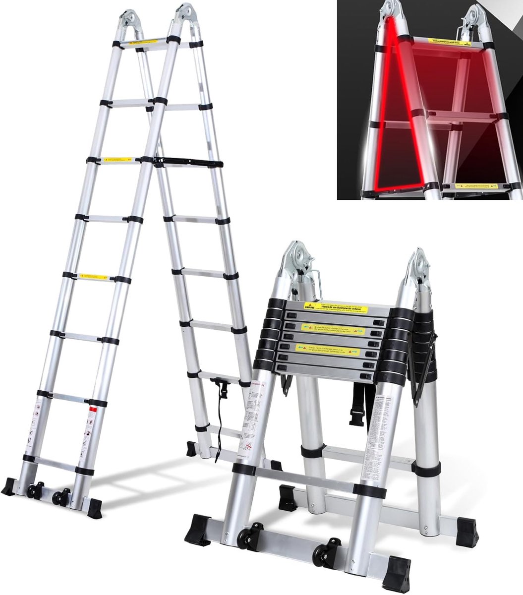 Telescopische Ladder - Opvouwbare Ladder Aluminium - Klusjes Binnen Buiten - Dubbele Bypass Rollen - 5 Meter - Zilver